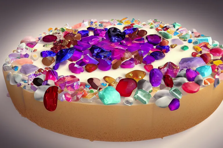 Prompt: Insanely beautiful and delicious-looking cheesecake made of precious stones and gems, photorealistic, 8K, trending on artstation