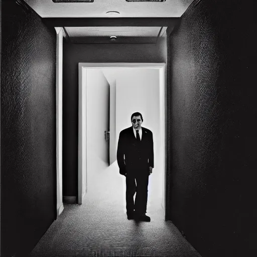 Image similar to Ted Cruz with a wide grin peaking through a door in the distance at the end of a narrow corridor, black and white, creepy lighting, scary, horror, ornate, eerie, fear, oil painting