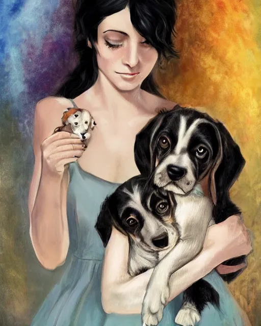 Image similar to happy birthday postcard in a style of Neil Gaiman book , black haired girl holding a beagle puppy, trending on artstation, 8k, highly detailed