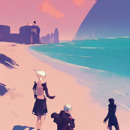 Image similar to a beach, highly detailed, by Atey Ghailan, by Loish, by Bryan Lee O'Malley, by Cliff Chiang, by Greg Rutkowski, inspired by image comics, inspired by graphic novel cover art, inspired by nier!! Gradient color scheme ((grafitti tag brick wall background)), trending on artstation