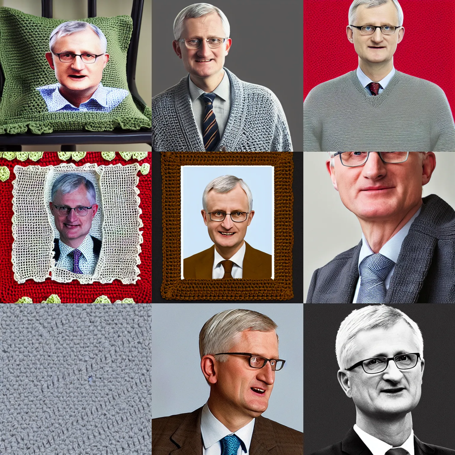 Prompt: Product image of a crochet Carl Bildt High resolution