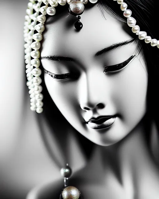 Image similar to black and white dreamy young beautiful female artificial intelligence, ornament very small pearls in the face, long hair are intricate with highly detailed small pearls, cinematic, rim light, bokeh, photo - realistic, elegant, high detail, 8 k, masterpiece, photo taken in 1 9 3 0