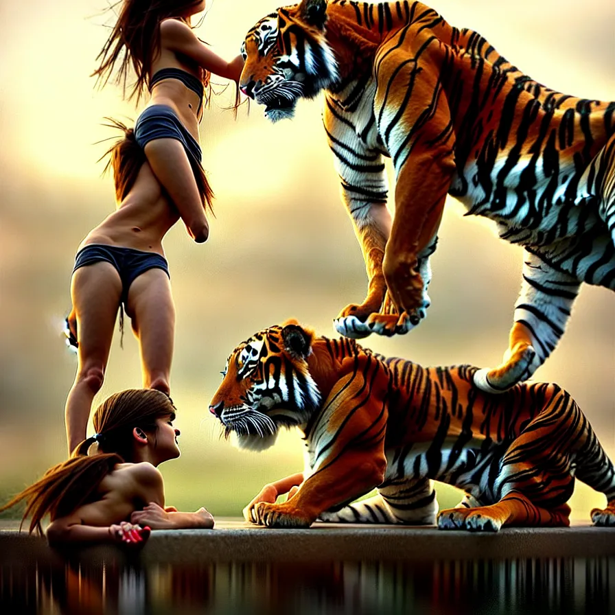 Image similar to the relationship between a girl and a tiger. they love each other, girl with beautiful soft woman body, detailed digital art by greg rutkowski.