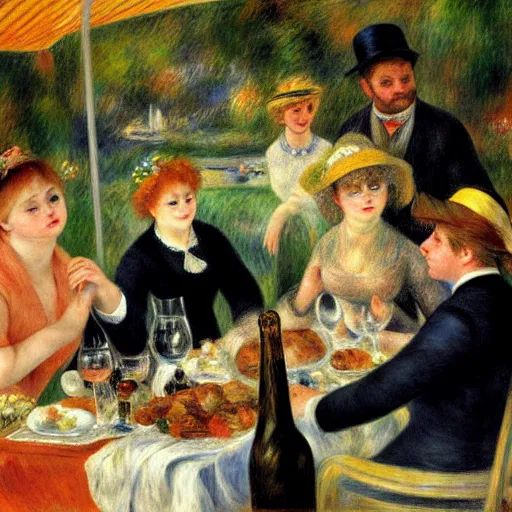 Prompt: fat orange tabby cat in luncheon of the boating party by renoir