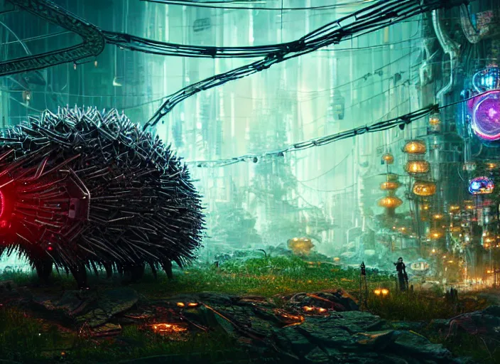 Image similar to giant intricate mechanical hedgehog with cybernetic enhancements and visible gears and fiber optics, on the background of a weird magical mechanical forest. Very detailed 8k. Fantasy cyberpunk horror. Sharp. Cinematic post-processing. Unreal engine. Nanite. Ray tracing. Parallax. Tessellation