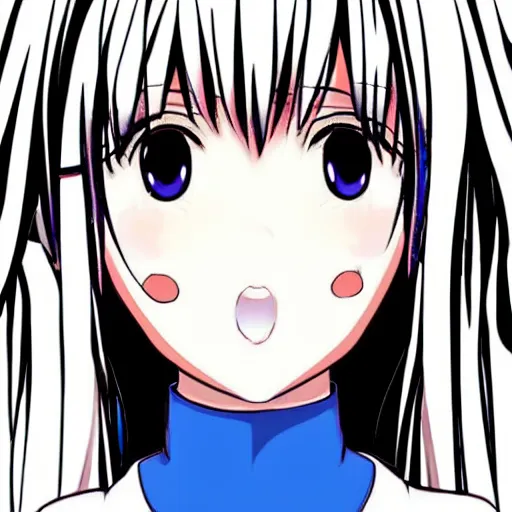 Image similar to closeup of an anime girl's face. Her mouth is a wobbly line and she is cross-eyed. Funny