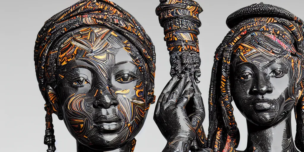 Image similar to masterpiece of a glossy black marble statue of an african girl with colorful african pattern logos in the background in the style of virgil abloh, very very beautiful, detailed, realistic carved marble statue, fine art, off white, heron preston, techno, rave, 8 k, 4 k, detailed, realistic, beautiful, symmetrical, vogue, paris, fashion