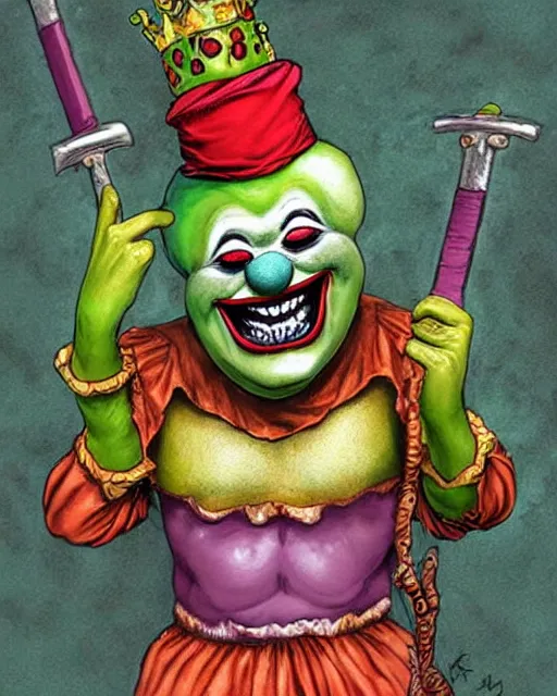 Image similar to clown frog king pulls the sword from the stone, clown frog king wearing clown makeup and rainbow wig, clown crown artwork by Glenn Fabry