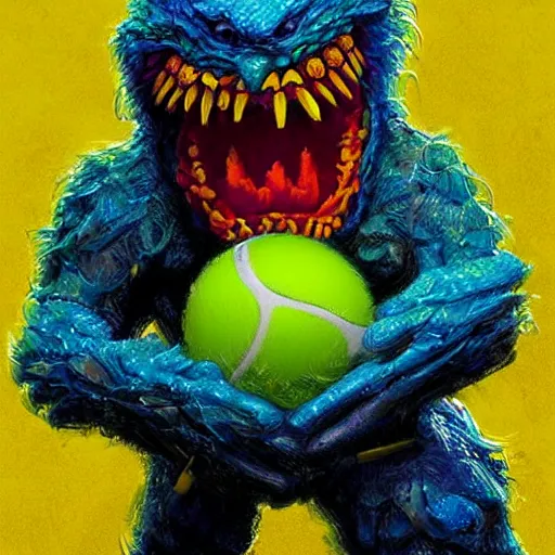 Image similar to a tennis ball monster, digital art, fantasy, magic, trending on artstation, ultra detailed, professional illustration by Basil Gogos