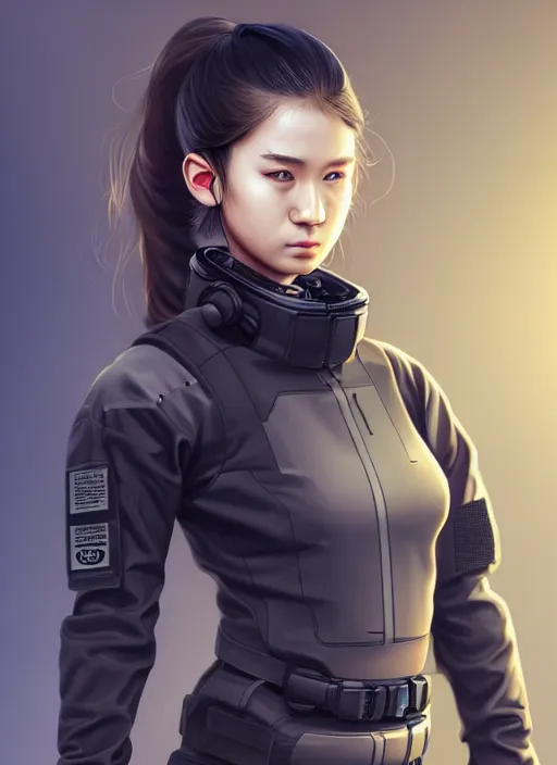 Image similar to full body portrait of a techwear uniform girl with guns. detailed face, concept art, digital art, intricate, highly detailed 8 k, smooth, sharp focus, beautiful and aesthetic shape of face and body, artgerm, artstation, art by zexi guo and nira and kafun and gharliera and rinotuna