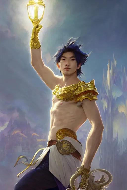 Image similar to fullbody portrait of a male fit hero with strange hairs, soft smile, final fantasy, league of legends champion, strong iridescent light, by chengwei pan and sakimichan and greg rutkowski and alphonse mucha, gradient white to gold, in front of a magical building background, highly detailed portrait, digital painting, smooth, focus illustration