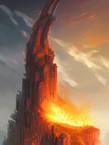 Prompt: ruins of a crumbling giant tower catching fire. elegant, highly detailed, digital painting, artstation, concept art, sharp focus, illustration, by justin gerard and artgerm, 8 k