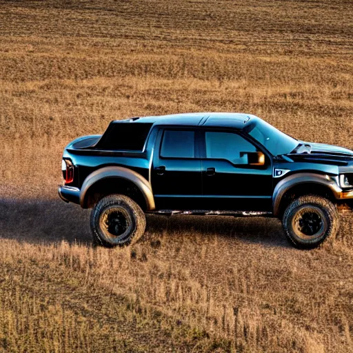 Prompt: a highly detailed photo of an armored black ford raptor in alberta at sundown, 4 k high - resolution photograph, ultra detail, hd photo