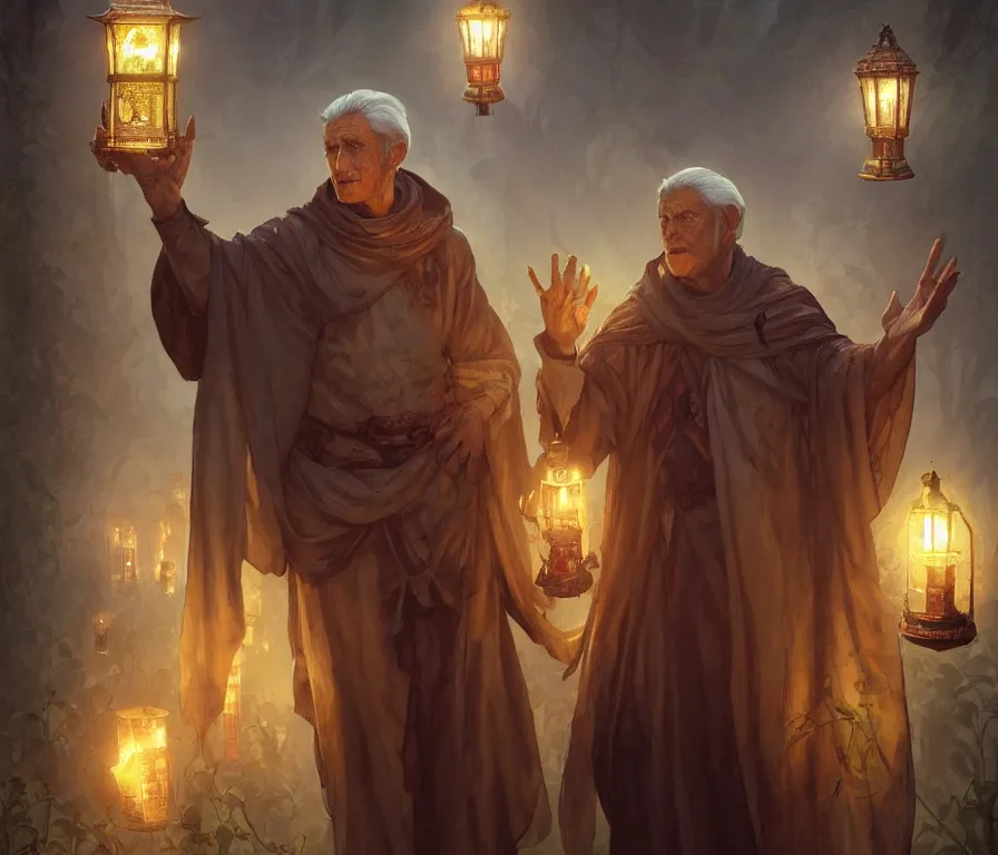 Image similar to male senior cleric holding a lantern surrounded by zombies, highly detailed, digital painting, artstation, concept art, smooth, sharp focus, illustration, art by artgerm and greg rutkowski and alphonse mucha and andrei riabovitchev