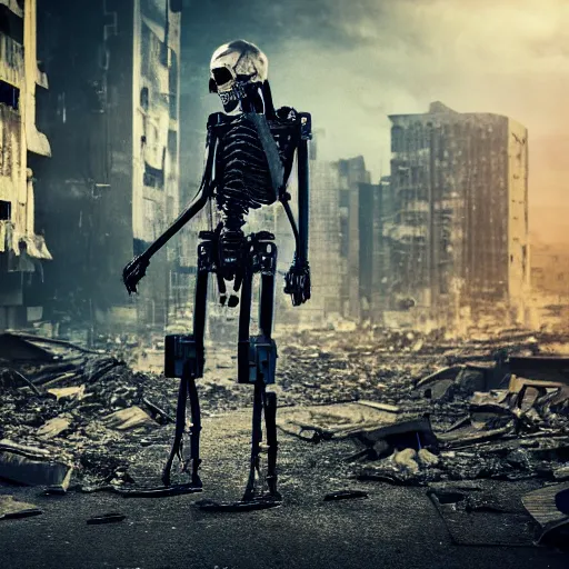 Prompt: dark picture of a metalic terminator exoskeleton walking on a destroyed city, 8 k, uhd, gloomy background, golden hour, 5 0 0 mm