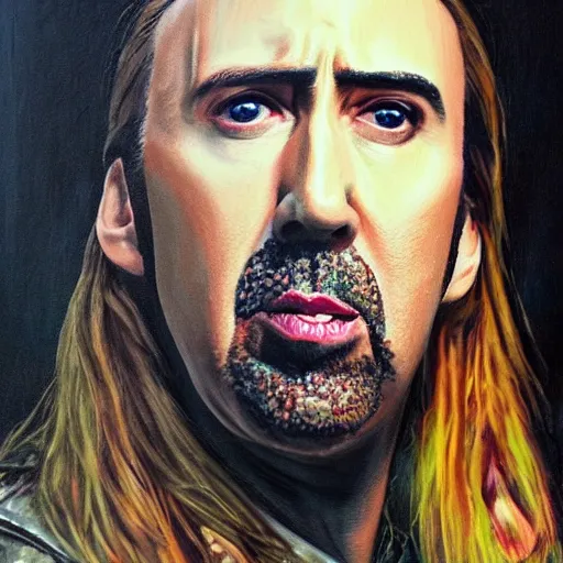 Image similar to nic cage fused with a horse, buff, painted portrait, highly detailed,