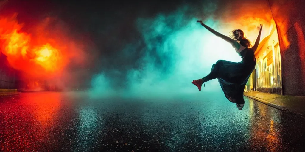 Prompt: fisheye lens slow motion with trail effect of beautiful break dancer wearing floating long dress with neon lights, long exposure shot , at night in the middle of a rainy wet street, paddle of water, steam, fog, water splashes, rim lights, glossy reflections, water droplets on lens, octane render, dark and dramatic, fire explosions in the background, detailed and soft, fisheye lens, smooth, sharp focus, illustration, art by artgerm and greg rutkowski and Annie Leibovitz, graphic glitches