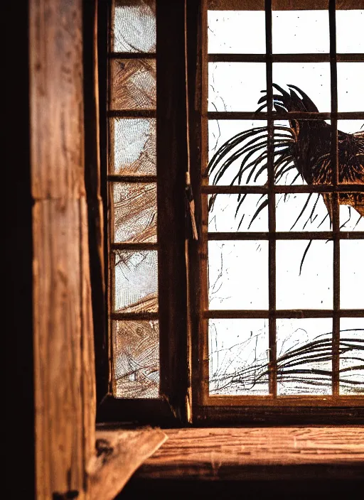 Image similar to a film production still, 2 8 mm, wide shot of a rooster, cabin interior, wooden furniture, cobwebs, spiderwebs, window light illuminates dust in the air, abandoned, depth of field, cinematic