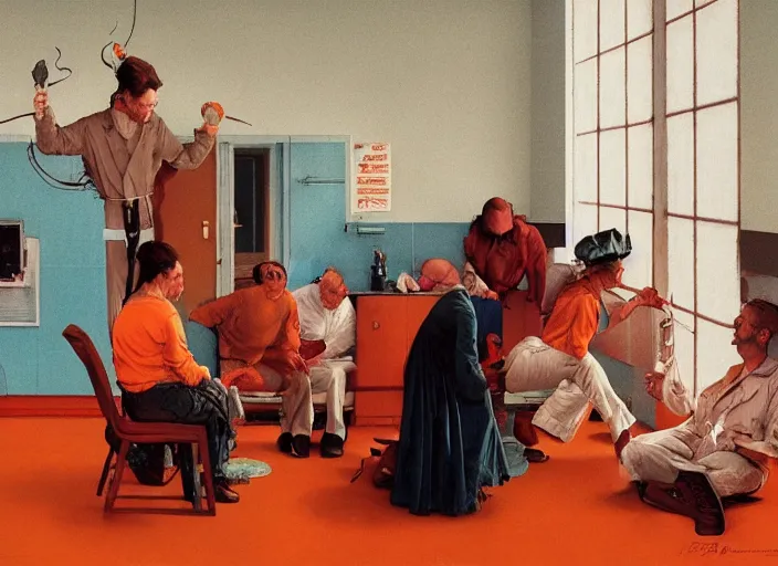 Image similar to a still from the movie one flew over the cuckoo's nest by francis bacon and norman rockwell and james jean, and mark brooks, triadic color scheme, by greg rutkowski, syd mead and edward hopper and norman rockwell and beksinski, dark surrealism, orange and turquoise