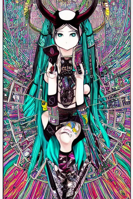 Image similar to hatsune miku, intricate, amazing line work, colorful, tarot cards, the devil tarot card