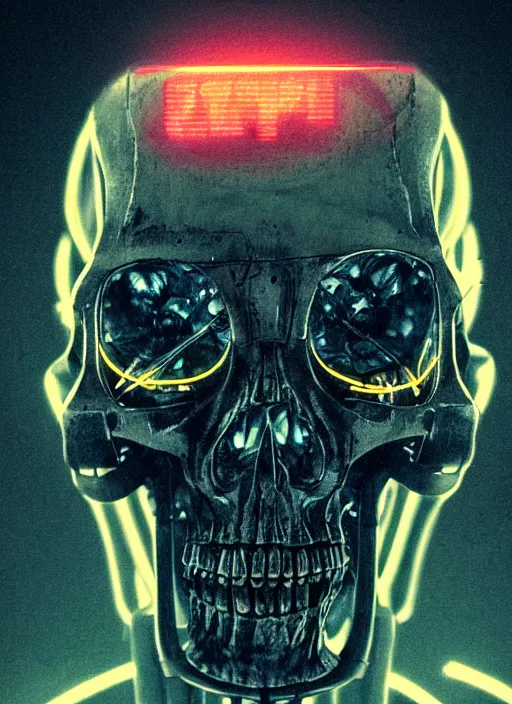 Prompt: 2 8 mm macro photo of metal skull with neon tubes half covered face with cybernetic enhancements as seen from a distance, scifi character portrait by greg rutkowski, canon 5 0 mm, film, photography, esuthio, craig mullins, 1 / 4 headshot, cinematic lighting, dystopian scifi gear, gloomy, profile picture, mechanical, half robot, implants, solarpunk