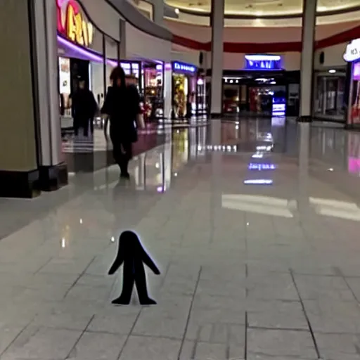 Prompt: beautiful cctv found footage of shadow creature lurking in a mall