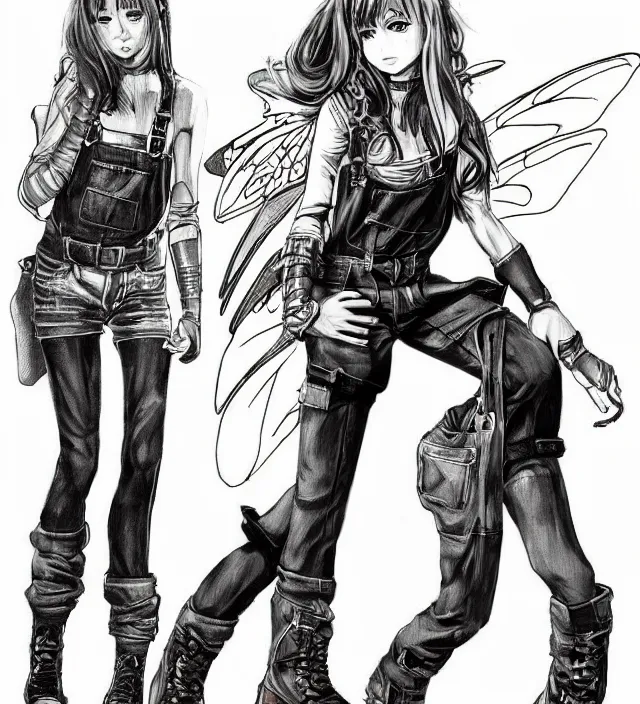 Image similar to full body pose, hd, manga anime portrait of a fairy girl in combat boots and overalls, in the style of frank miller, jim lee, detailed trending award winning on flickr artstation,