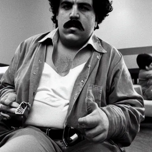 Image similar to Pablo Escobar smoking a joint in the middle of a McDonald’s playplace