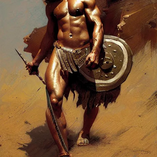 Prompt: Young greek god, muscular, greek armor, detailed face, thighs, painting by Gaston Bussiere, Craig Mullins