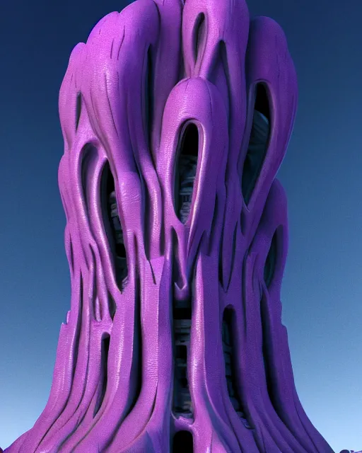 Image similar to detailed painting giant alien tower carved out of complex bone with royal purple quartz rendered in cinema 4 d octane