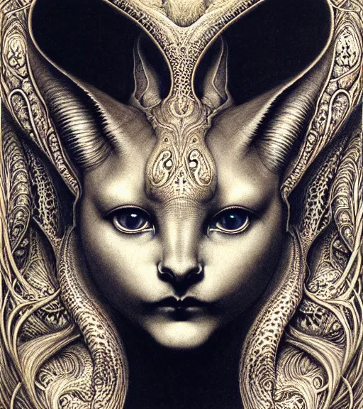 Prompt: detailed realistic beautiful serval goddess face portrait by jean delville, gustave dore, iris van herpen and marco mazzoni, art forms of nature by ernst haeckel, art nouveau, symbolist, visionary, gothic, neo - gothic, pre - raphaelite, fractal lace, intricate alien botanicals, ai biodiversity, surreality, hyperdetailed ultrasharp octane render