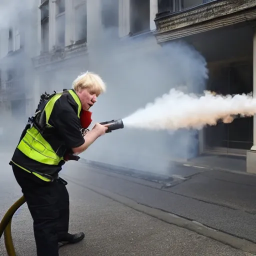 Prompt: Boris Johnson Weilding A flamethrower, firing it into a building, medium shot photo 8k ultrahd