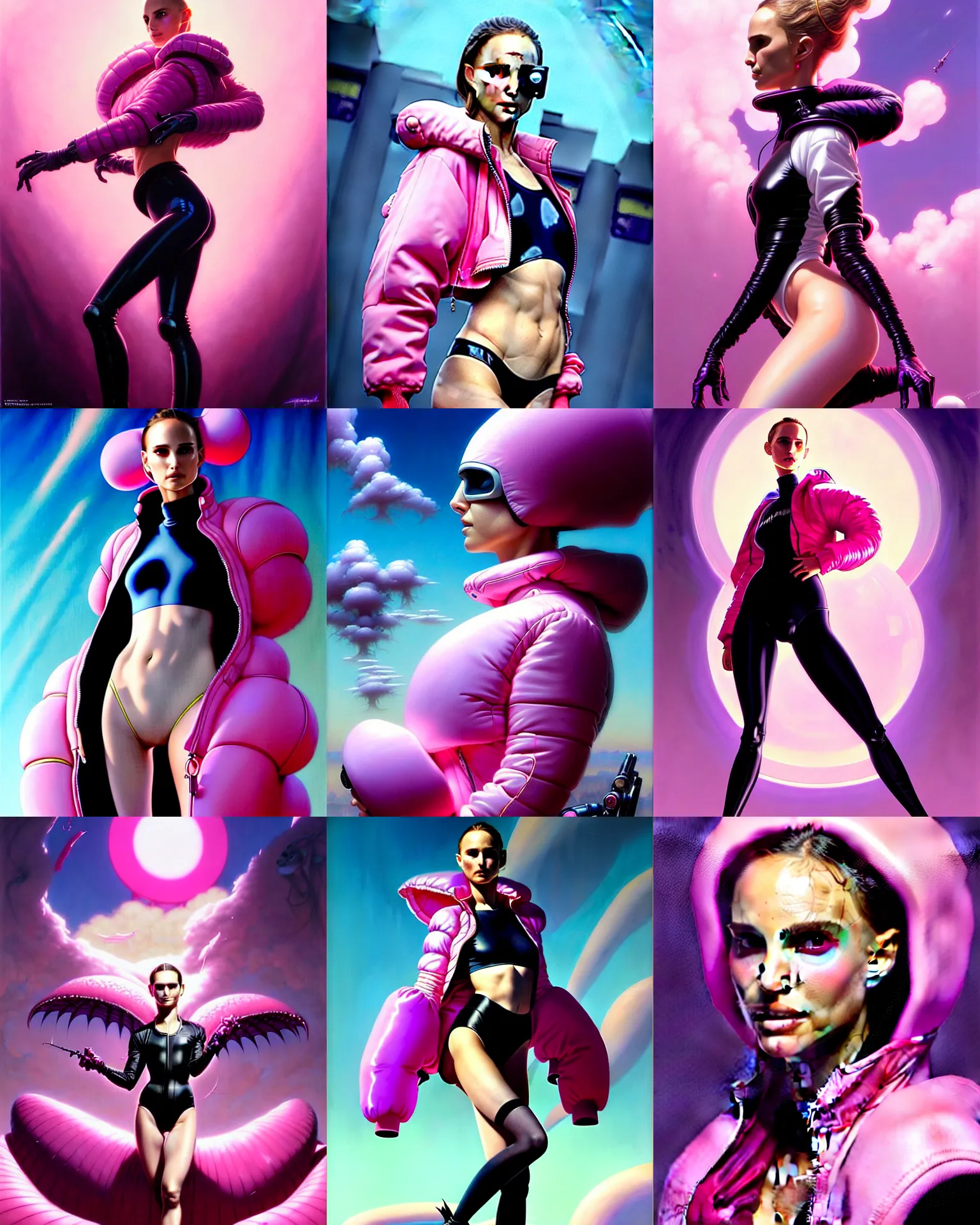 Image similar to beautiful fantasy character portrait, natalie portman, wearing oversized puffy pink bomber jacket and black leotard, ultra realistic, wide angle, seductive pose, cyberpunk artifacts, highly detailed by peter mohrbacher, hajime sorayama, wayne barlowe, boris vallejo, aaron horkey, gaston bussiere, craig mullins