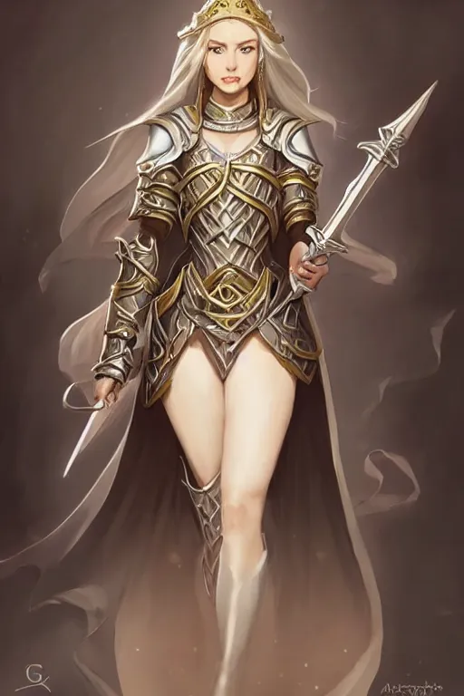 Image similar to a full body portrait of a gorgeous female paladin, D&D, choker on neck, stylish dress, very long flowing hair, intricate, elegant, stylish, cute slightly nerdy smile, mouth slightly open, fantasy, highly detailed, digital painting, artstation, concept art, smooth, sharp focus, illustration, art by artgerm and greg rutkowski and alphonse mucha