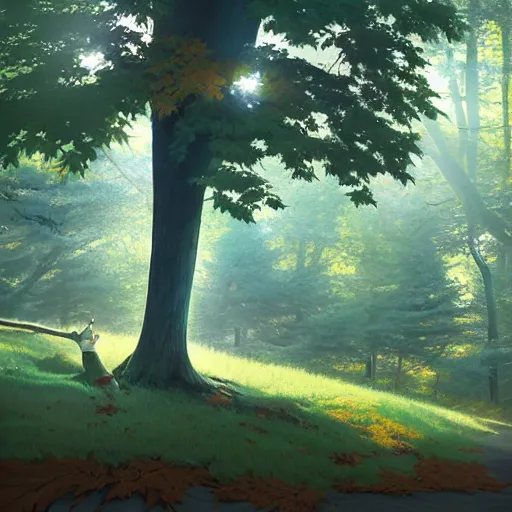 Image similar to realistic render of maple tree from bofuri by ross draws, forest background by ilya kuvshinov, digital anime art by ross tran, composition by sana takeda, lighting by greg rutkowski