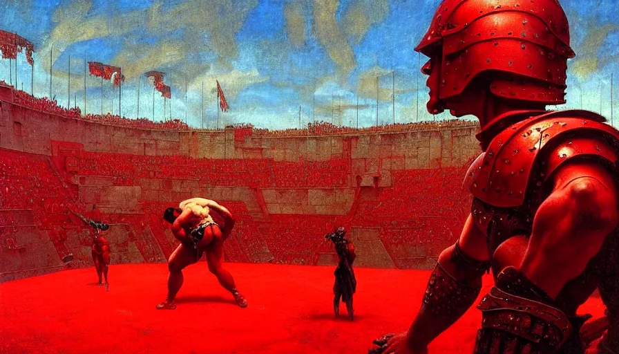 Image similar to only with red, a lightly armored gladiator in a crowded roman amphitheatre, crowd cheering, in the style of beksinski and edward hopper and rodcenko and yue minjun and rolf armstrong, intricate and epic composition, red by caravaggio, highly detailed, masterpiece, red light, artstation