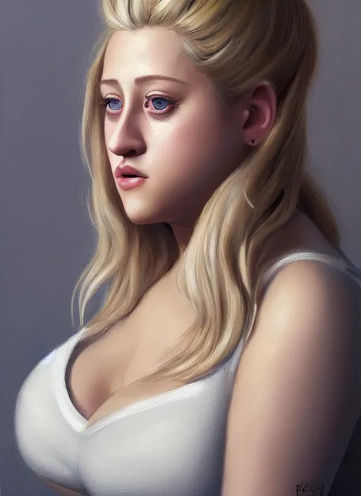 Image similar to full body portrait, teenage lili reinhart, blonde hair, obese, bangs, ponytail, sultry, realistic, sultry smirk, fluffy bangs, curly bangs, fat, belly, intricate, elegant, highly detailed, digital painting, artstation, concept art, smooth, sharp focus, illustration, art by wlop, mars ravelo and greg rutkowski