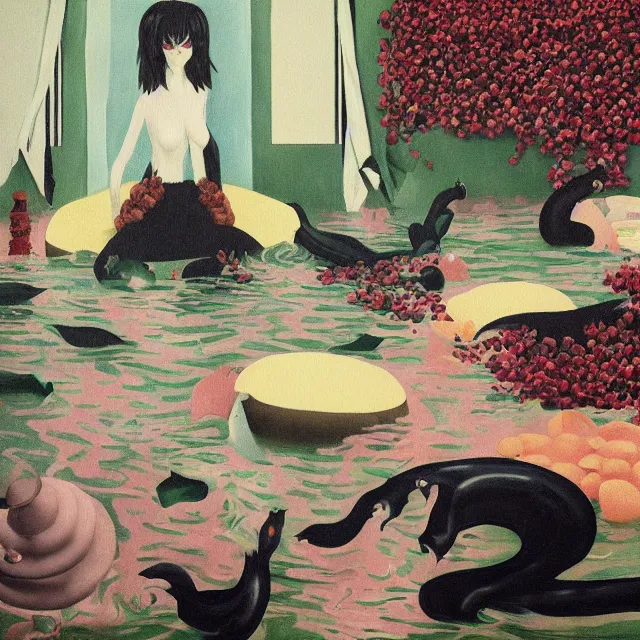 Prompt: emo catgirl artist in her flooded lounge room, painting of flood waters inside an artist's loungeroom, a river flooding indoors, pomegranates, pigs, ikebana, water, octopus, river, rapids, waterfall, black swans, canoe, berries, acrylic on canvas, surrealist, by magritte and monet