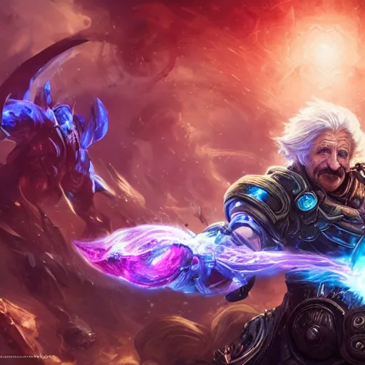 Image similar to portrait of albert einstein as a spellcaster, league of legends amazing splashscreen artwork, gears of war, splash art, natural light, elegant, photorealistic facial features, intricate, fantasy, detailed face, atmospheric lighting, anamorphic lens flare, cinematic lighting, league of legends splash art, hd wallpaper, ultra high details by greg rutkowski