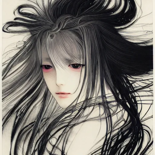 Image similar to Yoshitaka Amano blurred and dreamy illustration of an anime girl with wavy white hair fluttering in the wind and cracks on her face wearing light armor with engravings, background with abstract black and white patterns, noisy film grain effect, highly detailed, Renaissance oil painting, weird portrait angle, three quarter view