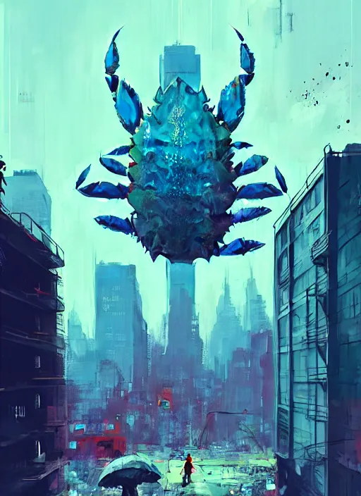 Image similar to crab kaiju in new york, sci - fi art, blue building in the background, art by ismail inceoglu