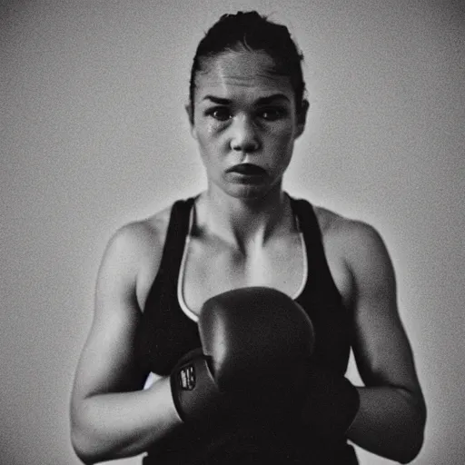 Image similar to close up portrait of woman boxer after boxing with brews blood sweating, photography photojournalism, very grainy image, 80mm lens, close up portrait polaroid