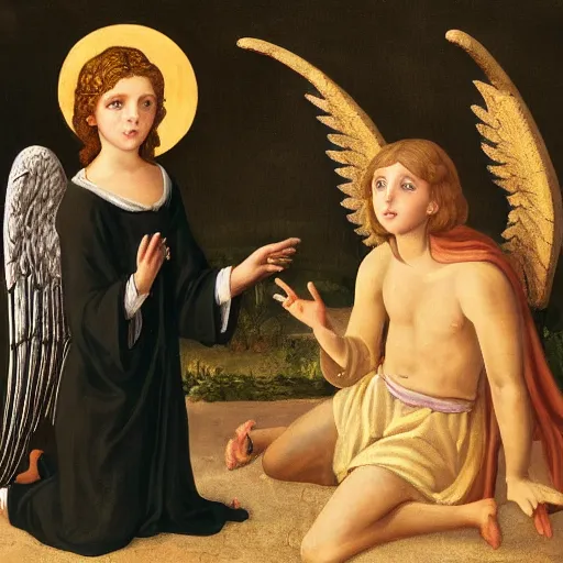 Image similar to an biblically accurate angel having a conversation with a very confused goth girl, masterpiece, old painting, 4 k scan, high attention to detail.