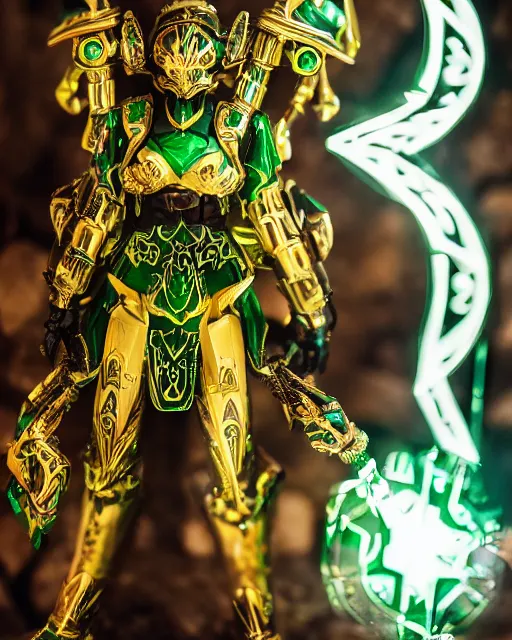 Image similar to an elf ranger wearing green and gold futuristic mecha armor with ornate rune carvings and glowing lining, very detailed, shot in canon 50mm f/1.2,