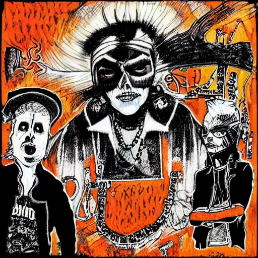 Image similar to punk album cover, black, white, orange, psychedelic, in the style of enki bilal,