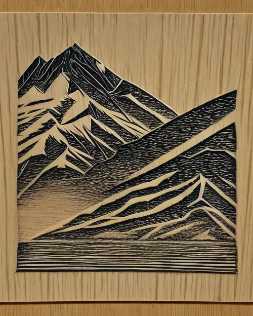 Image similar to an award winning Wood engraving on paper of Canadian mountains