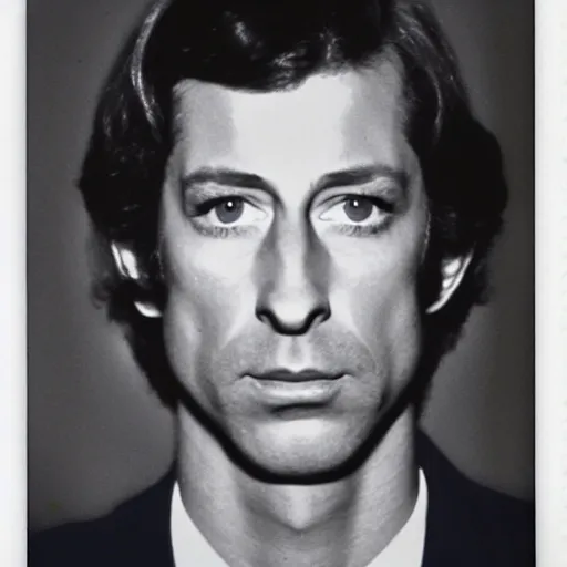 Image similar to Mugshot Portrait of Prince Charles, taken in the 1970s, photo taken on a 1970s polaroid camera, grainy, real life, hyperrealistic, ultra realistic, realistic, highly detailed, epic, HD quality, 8k resolution, body and headshot, film still, front facing, front view, headshot and bodyshot, detailed face, very detailed face