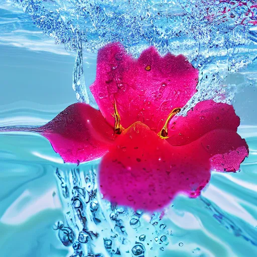 Prompt: a water manipulated sculpture of blossom, on sea, film, johnson's style, long view, ultra detailed, ultra realistic, ray tracing, 8 k resolution, clear focus, realistic water, water art photoshop