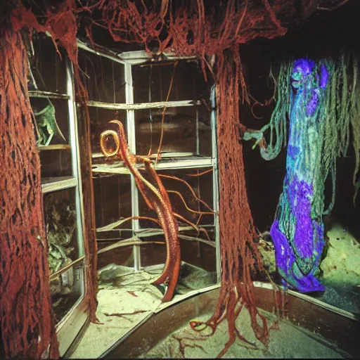 Image similar to colored photograph taken on fujifilm superia film, 3 5 mm, spooky creepy liminal space, halloween decorations, educational display case, aquatic exhibition science museum, smelly dried dryrot putrid aquarium with hollow tentacle tunnels, fishbones covered in flies, bright computer screens with colorful displays, backroom stairs leading down under water, displacement