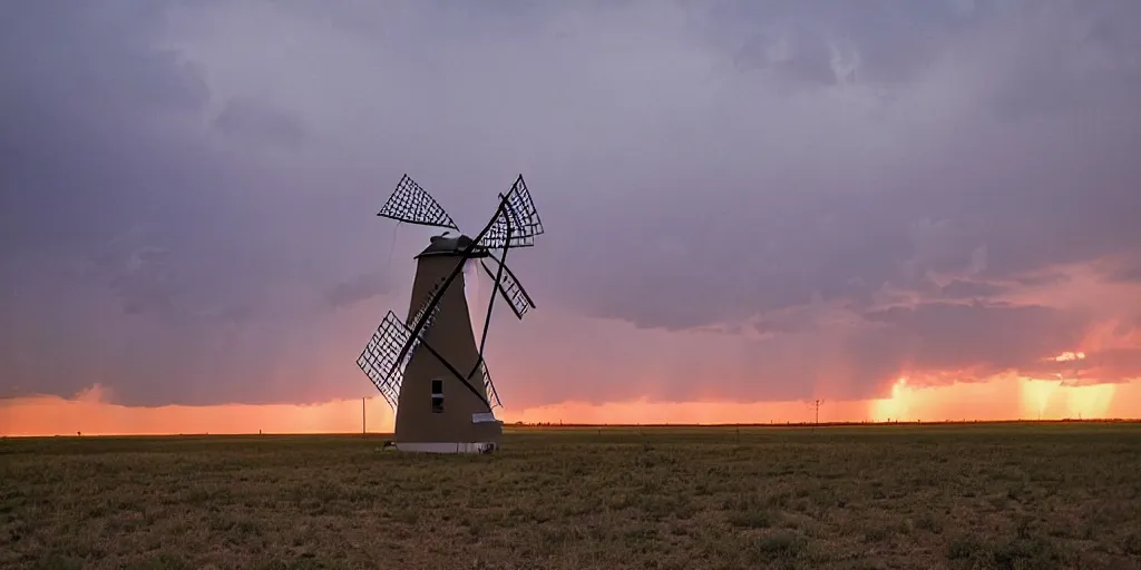 Image similar to photo of a stormy west texas sunset, perfect american windmill, film photo, lightning, golden hour, high quality, beautiful!!!